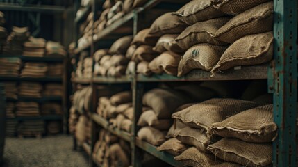 Rows of burlap sacks filled with raw materials neatly stacked in warehouse storage