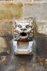 ancient carved stone de decoration in a water fountain on a medieval street in Solsona, catalonia, Spain