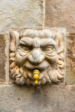 ancient carved stone de decoration in a water fountain on a medieval street in Solsona, catalonia, Spain