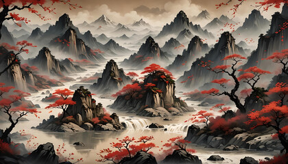 alte chinesische Kalligraphie und Zeichnung von Bergen Gebirge in schwarz rot mit Bäumen und traditionellen Gebäuden Tempeln Morgenstimmung Wasserfälle Flüsse auf altem Pergament Papier Natur Asien