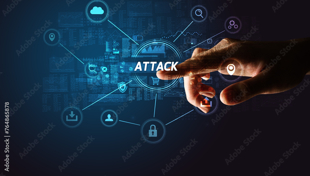 Poster hand touching cybersecurity button concept