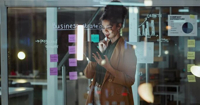 Happy, tablet and glass with woman, strategy and business with progress and company development. Person, employee or professional with tech or thinking with planning or idea with digital app or seo