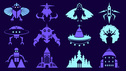 Fototapeta na wymiar Fantasy Spaceship Silhouette Set: 12 Unique Designs