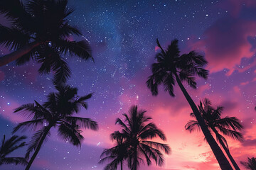 Fototapeta na wymiar Tropical Nightfall, Starry Heavens Mingling with Sunset Hues Among Palm Fronds