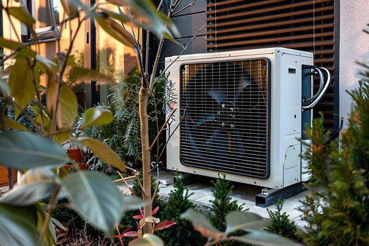 Installation of a heat pump system with the text PAC Pompe chaleur visible. Concept Heat Pump Installation, PAC System, Visible Pompe &agrave; chaleur