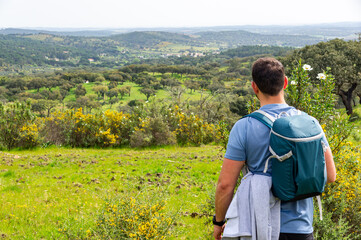 Exploring Nature: Hiker Contemplating the Valley of Sierra D'Ossa and its Spring Dehesa.