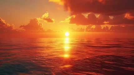 Wandcirkels aluminium Glow: A sunset over a calm ocean, with the sun casting a warm glow over the water © MAY