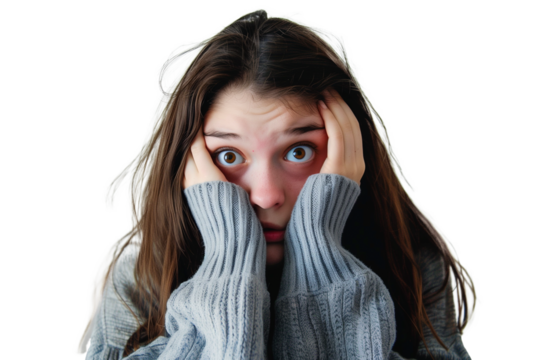 Portrait of a scared young woman on a transparent background. Harassment concept - Powered by Adobe