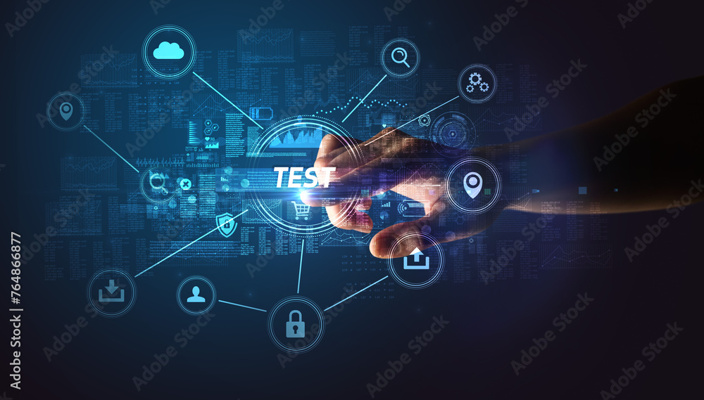 Aufkleber hand touching cybersecurity button concept