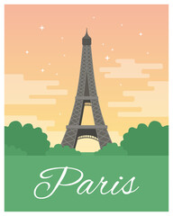 Fototapeta na wymiar Eiffel Tower in Paris. Champs Elysees. Evening Paris, sunset in France. Flat vector illustration. Poster and card design. Tourist place.