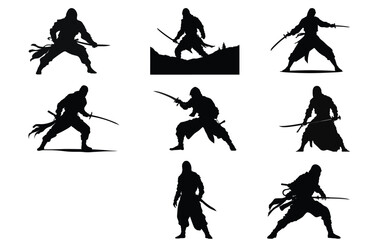 silhouette of fighting warriors with swords, Ninja in action with sword silhouette,