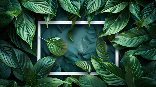 green abstract texture with white frame, natural background, tropical leaves