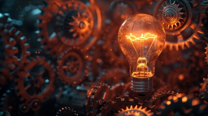 Lightbulb: A glowing lightbulb surrounded by gears and cogs
