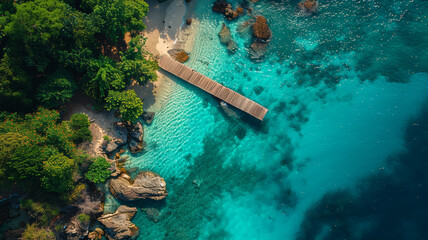 Aerial view tropical exotic island beach with old wooden pier and crystal clear turquoise water. - 764867689