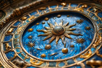 Close-up of a finely detailed astronomical clock with a celestial blue design, symbolizing time, astrology, and the intricate nature of the cosmos