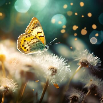 Fototapeta butterfly on dandelion flower with bokeh background