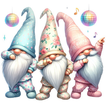 Three Gnomes Dancing with Disco Balls, Watercolor Pajama Party Clipart, Transparent Background
