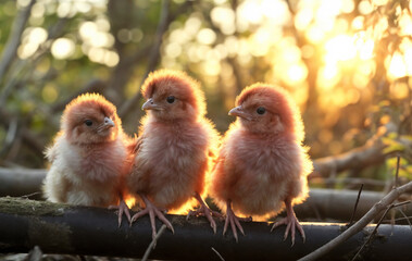 three little chickens on a tree branch created with Generative AI technology