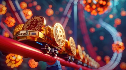 Volatile Bitcoin market, 3D animated rollercoaster with BTC coins