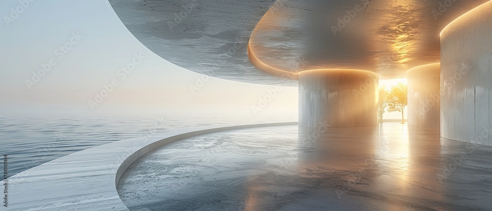 Fototapete The background for a car presentation is an abstract modern architecture rendered in 3D with an empty concrete floor.