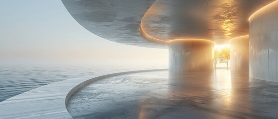 The background for a car presentation is an abstract modern architecture rendered in 3D with an empty concrete floor.