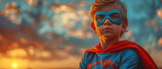 A superhero kid against a dramatic blue sky - obrazy, fototapety, plakaty