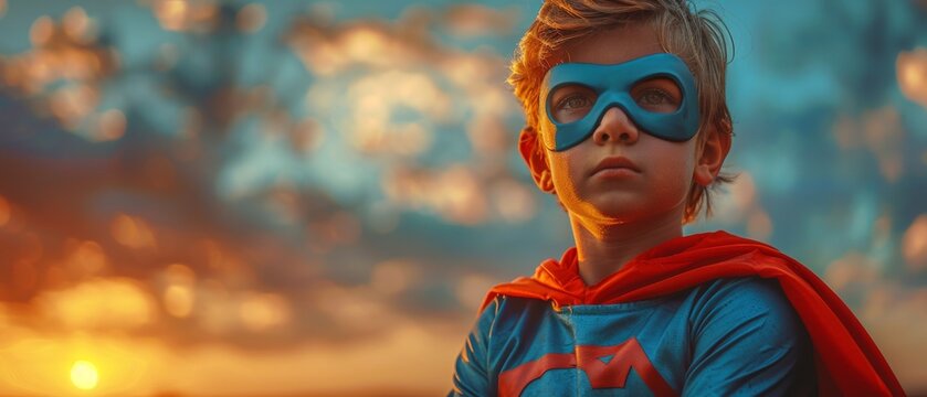 A superhero kid against a dramatic blue sky