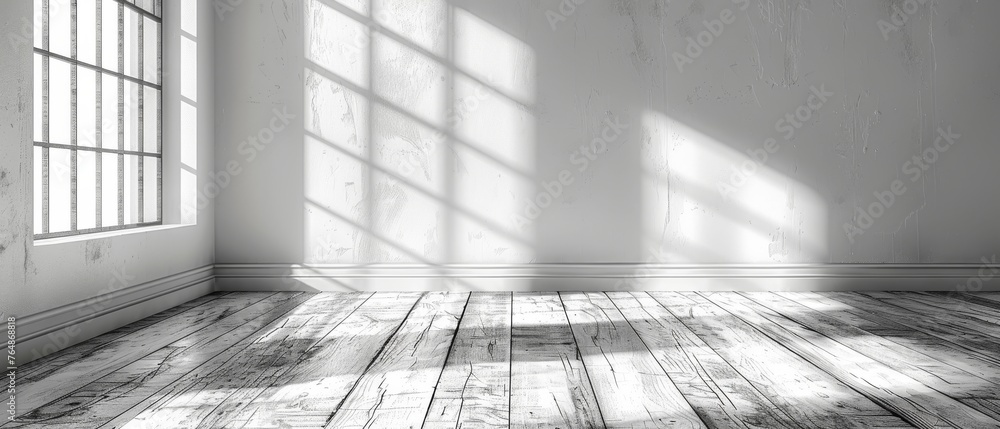 Poster this is a 3d stimulate of a white room interior with wood plank flooring with direct sunlight castin