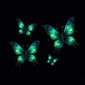 Set of green butterflies isolated on a black background. Vector illustration.
