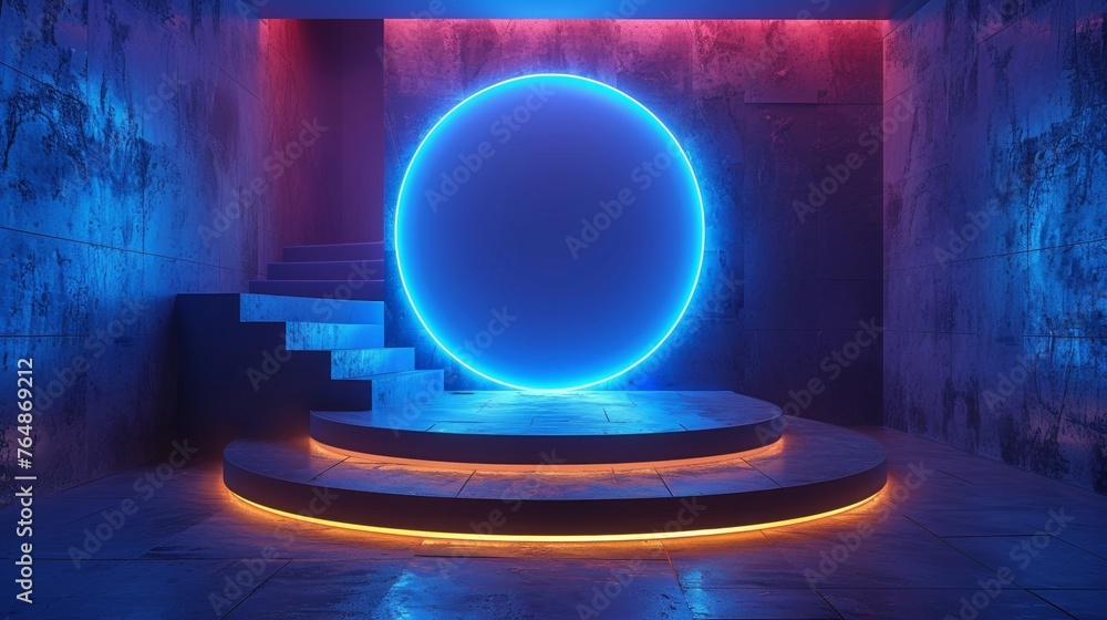 Aufkleber The empty podium modern illustration is isolated on a blue background and has a neon circle in the middle - There is plenty of space for your product to stand out
