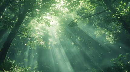The environment: A tranquil forest scene with sunlight filtering through the canopy