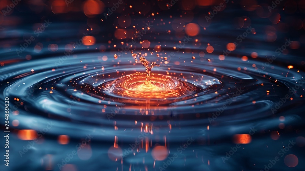 Poster illustration of a liquid splash on a dark background. circular wave perspective view.