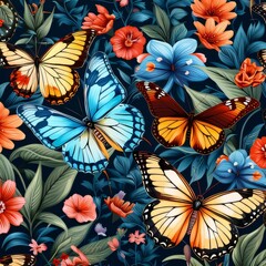 Seamless pattern with tropical flowers and butterflies. Vector illustration.