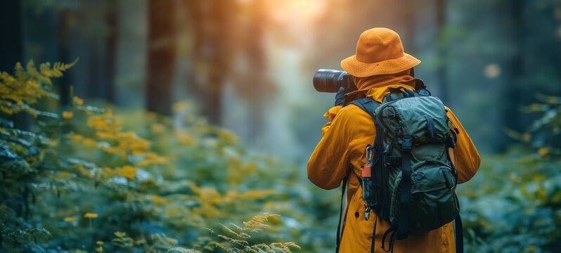 photographer taking natural scenery picture at lush forest, Generative Ai