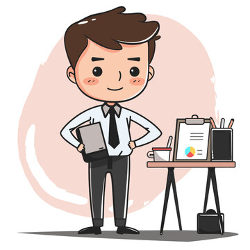Businessman working in office. Cute cartoon character. Vector illustration
