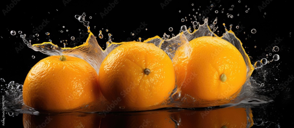 Poster there are three oranges placed on a surface, and water is splashing on them, creating a refreshing a