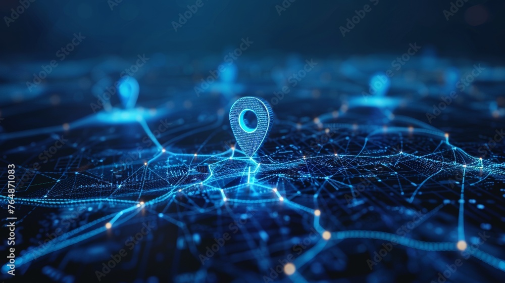 Poster Location of digital hand sets on map with two pins. AI technology in GPs, innovation delivery. Map location and future transport logistics. GP's point. New office location and address change. GP's