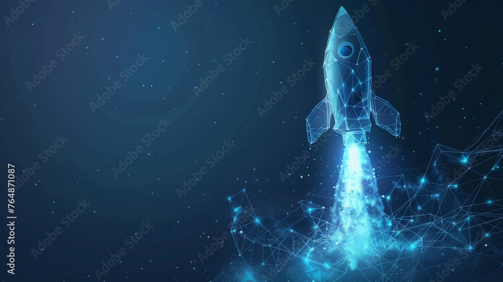 Poster rocket launch with graph growing up. low poly style design. business startup concept. blue geometric