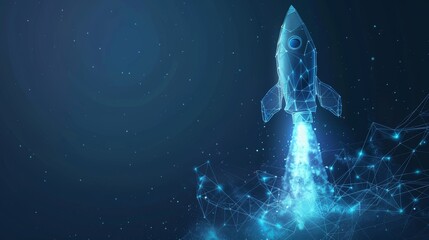 Rocket launch with graph growing up. Low poly style design. Business startup concept. Blue geometric background. Solid wireframe light connection structure Modern 3D graphic  illustration. - obrazy, fototapety, plakaty