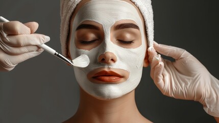 Isolated gray background with beauty woman wearing a facial mask