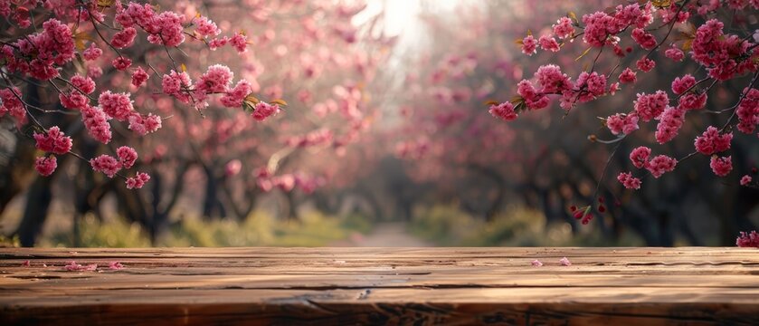 An empty wooden table in Sakura flower park, bokeh background, with an outdoor country theme, template mockup for presenting products