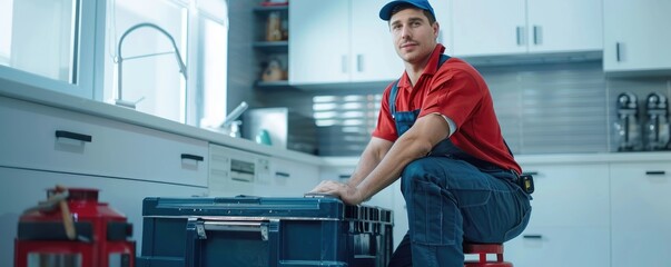 Professional repairman with tools contemplating work on kitchen appliance