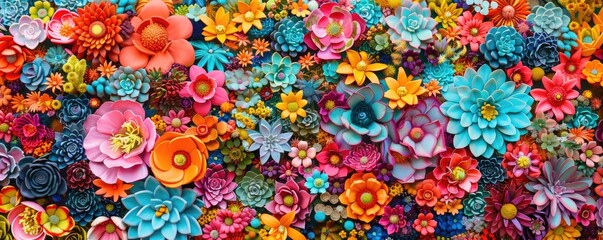 wall completely adorned with multicolored paper flowers, offering a feast for the eyes with its...
