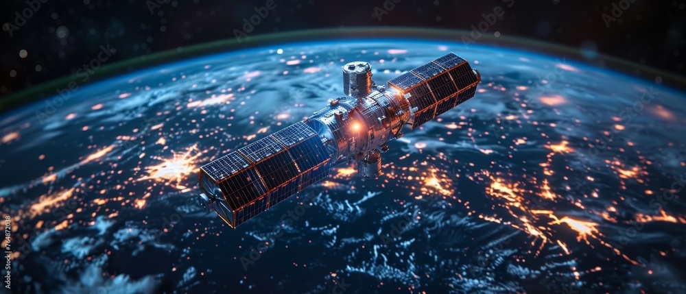 Aufkleber an artificial satellite earth data transfer on a world map. satellite network in space concept. wire