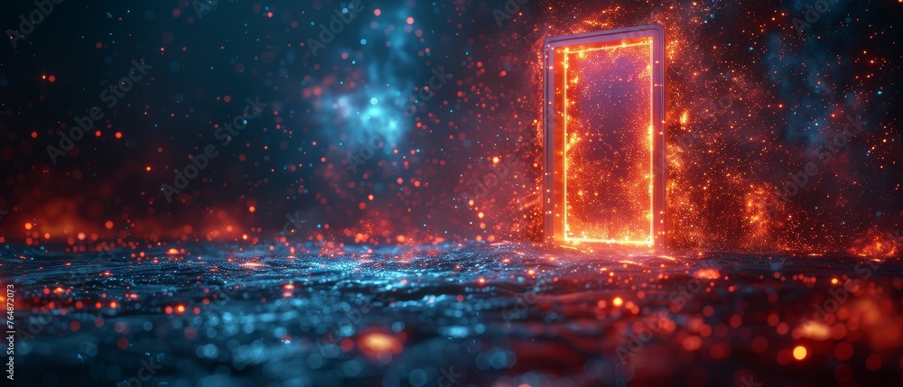 Fototapete This is a digital data center in a virtual metaverse. It is an abstract path in a virtual world. In a digital universe, it is a modern door in a cyber space.