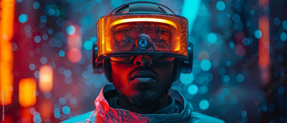 Poster vr ar vr 3d futuristic headset in virtual reality simulation in metaverse with cyberpunk suits. mult