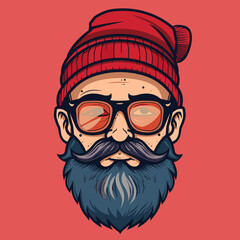 Bearded hipster with glasses and red hat. Vector illustration.