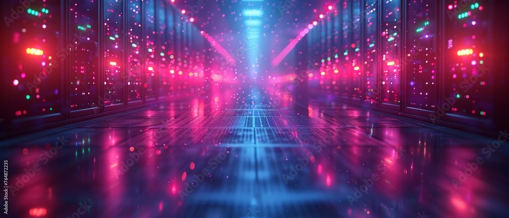 Poster Conceptual rendering of a data center or cloud storage facility. Futuristic interior of a server room. Data spheres hanging over the floor.