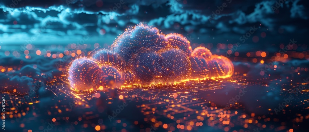 Poster Cloud computing digital technology abstraction concept. Mobile internet. IOT devices communicate with cloud storage. Background in computer technology. Connections with digital data storage. Smart