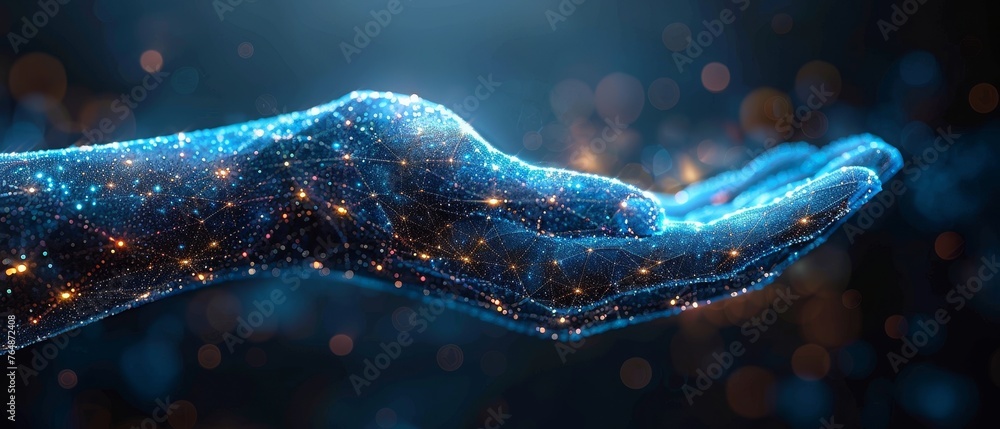 Poster Low poly style. Graphic geometric background. Wireframe light connection structure. Abstract blue giving hand with 3D guard shield. Medicine protection, cyber security, and insurance concept.